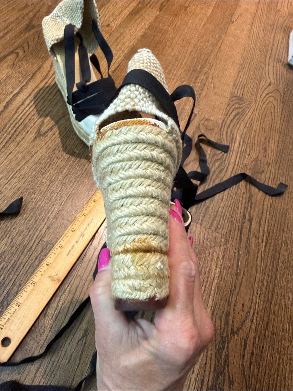 Castaner size 7 Cream Canvas Espadrille Wedges with Black Ribbon Ties